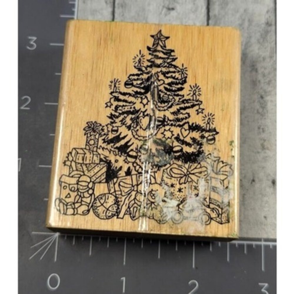 Christmas Tree Gifts Presents Toys Rubber Stamp Wood #i85